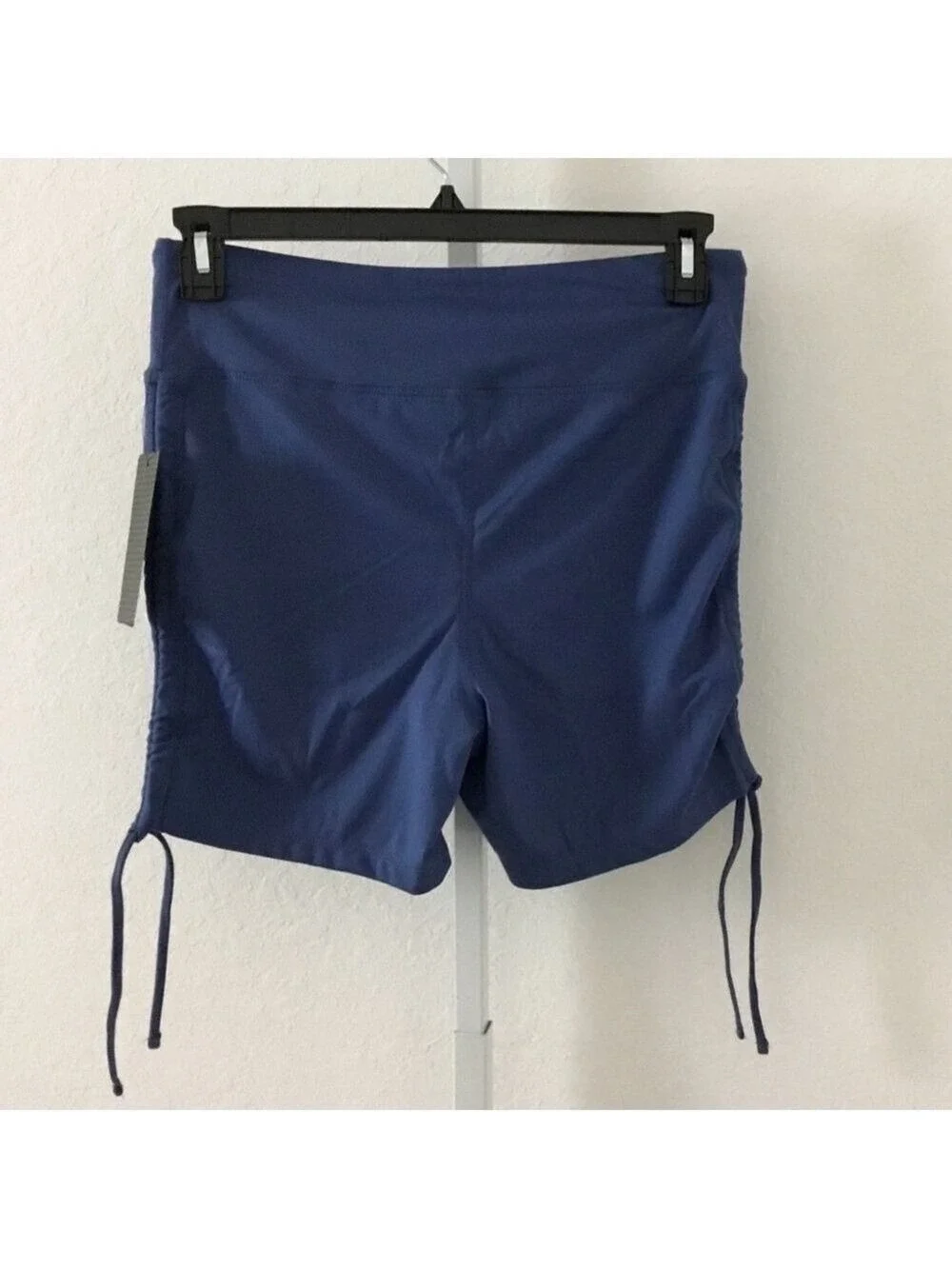 Bebe Sport thistle blue rhinestone logo ruched side bike short XL